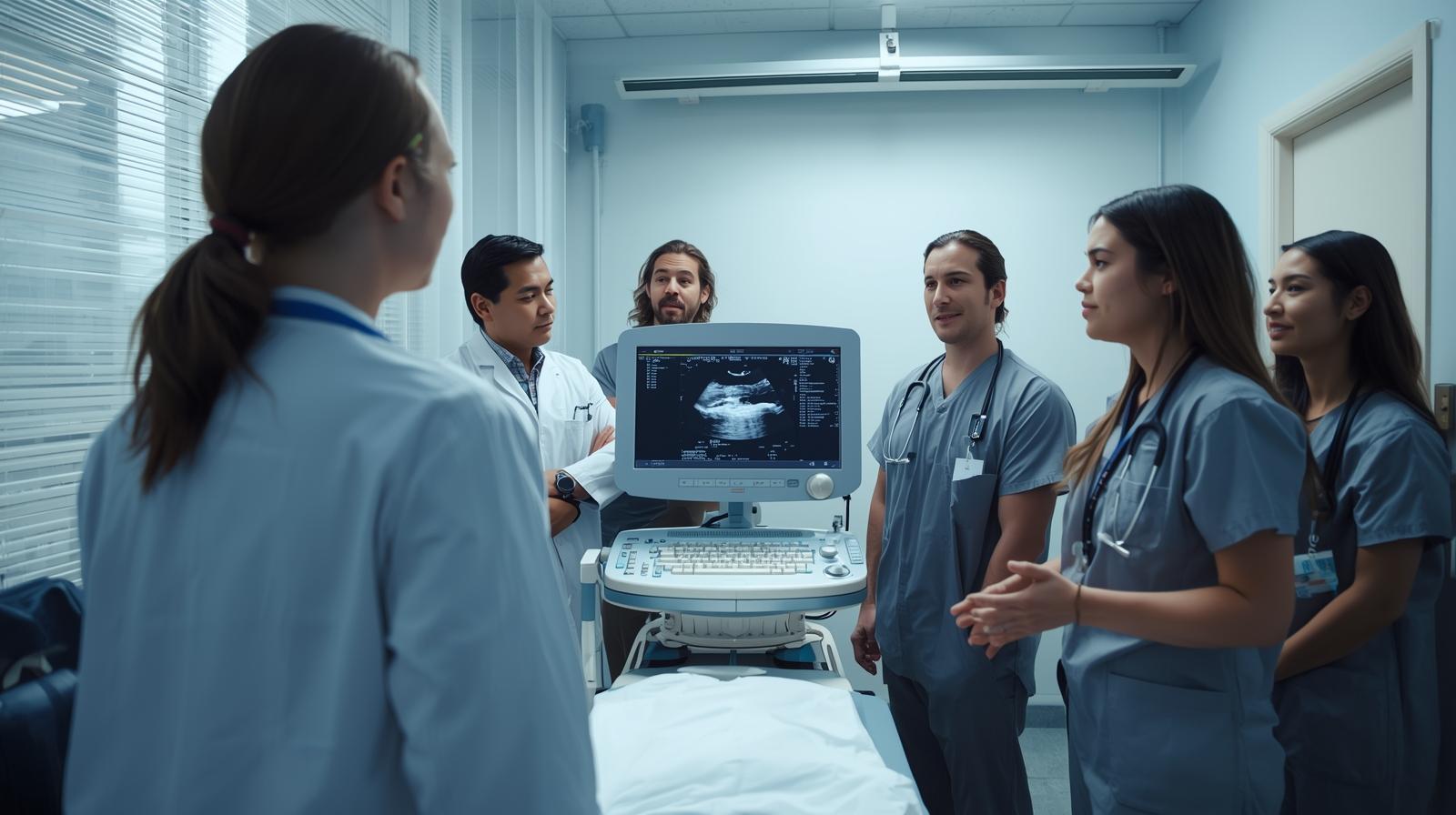 imagen de varios médicos junto a un aparato de ultrasonido